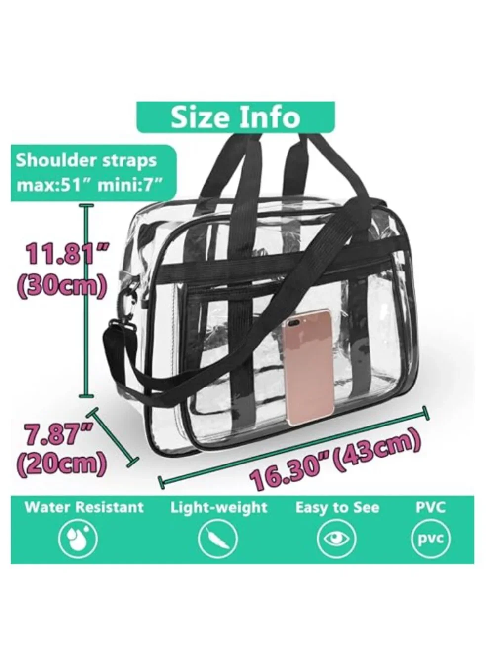Clear Gym Bag with Shoe Compartment, Heavy Duty PVC Travel Tote, Adjustable